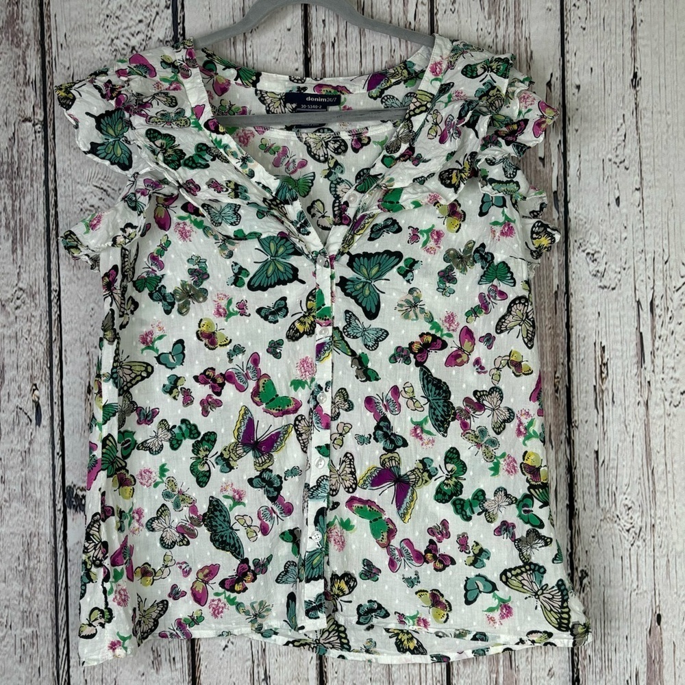 Denim 24/7‎ Plus Size 16W Butterfly Print Flutter Sleeve Button Front Blouse